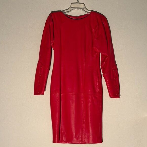 Vintage 80s 90s Red Leather Pencil Dress Mod Wife Rock Grunge Holiday Party XS - Picture 2 of 16